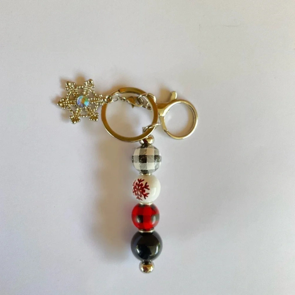 Hand Crafted Purse Bag Charm Key Chain Beaded Snowflake Charm Red Black Winter